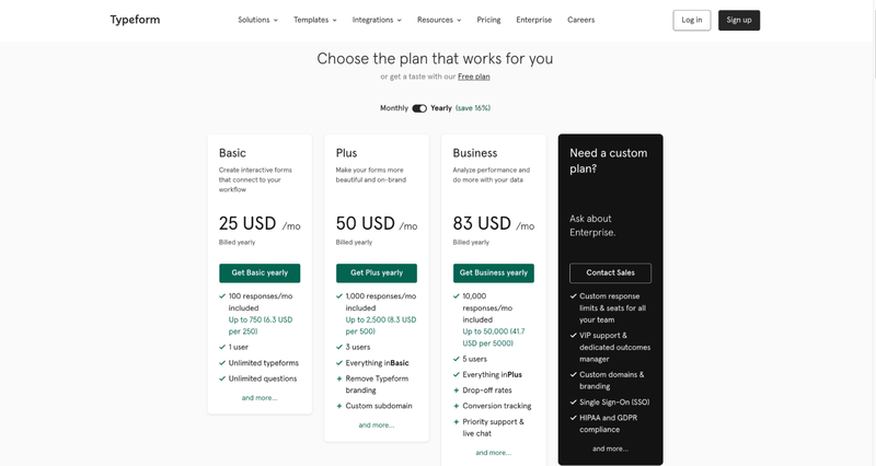 Typeform pricing tiers (25 USD to 83 USD per month)
