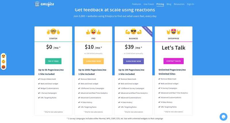 Emojics pricing tiers (0-$39 per month)