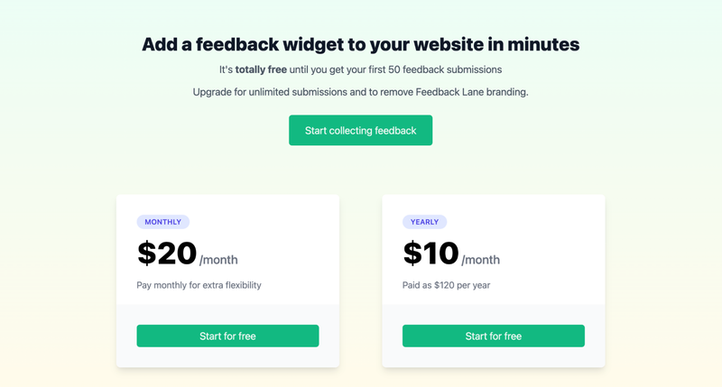 A screenshot of the Feedback Lane pricing page (showing the yearly $10 per month price and the monthly $20 per month price)